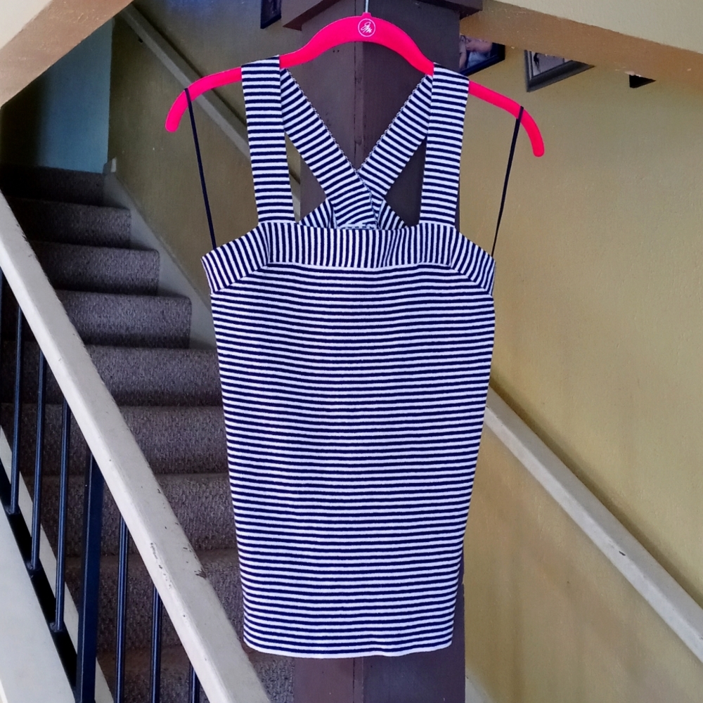 Loft Black/White Stripe Tank Incredibly Stretchy Fitted Cross-Back Top Women's S